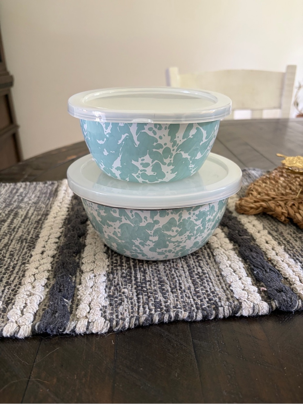 Aqua Marble Enamelware Nesting Bowls with Lids - Set of 2